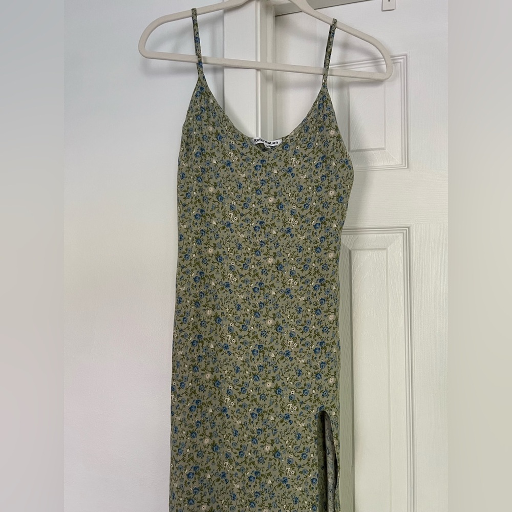 Reformation Olive Green Floral Midi Dress with Blue Accents
